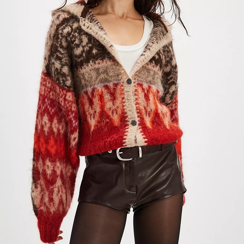 Free People Delfina Brushed Cardi Hooded Cardigan Fair Isle Mohair Sweater M